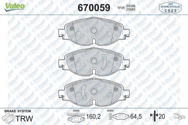 VALEO 670059 On Fren Balatasi  Volkswagen Caddy 15>/Golf Vii 14>/Passat B8 14>/Tiguan Ii 16>/Touran Iii 15>/Audi A3 12>/Seat Ateca 16>/Leon 12>/Skoda Octavia Iii 13>/Superb Iii 15>